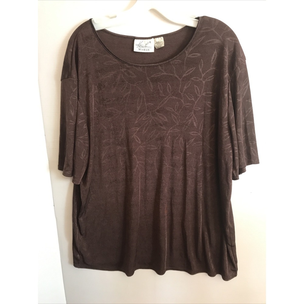 Kathy Lee Womens 18W Brown Silky‎ Knit floral design top